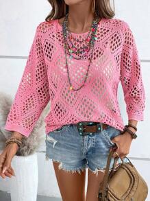 EMERY ROSE Suéter de mujer de unicolor, simple y de moda, adecuado para el pullover de punto de verano, otoño e invierno - Rosa - Ver 3