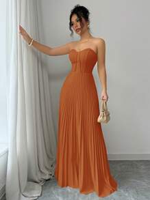 Lyxana Elegant Romantic Ruched Waist A-Line Hem Sleeveless Dress For Women - Burnt Orange - View 5
