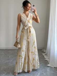 Chiquease 女士优雅金箔翻领双排扣短袖收褶阔腿连体裤，春夏 - 杏色 - 查看 6