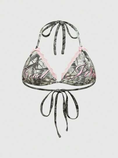 Goth Y2K Sexy Slogan Embroidery, Lace Patchwork, Leaf Camo, Colorblock Plus Size Bikini Top