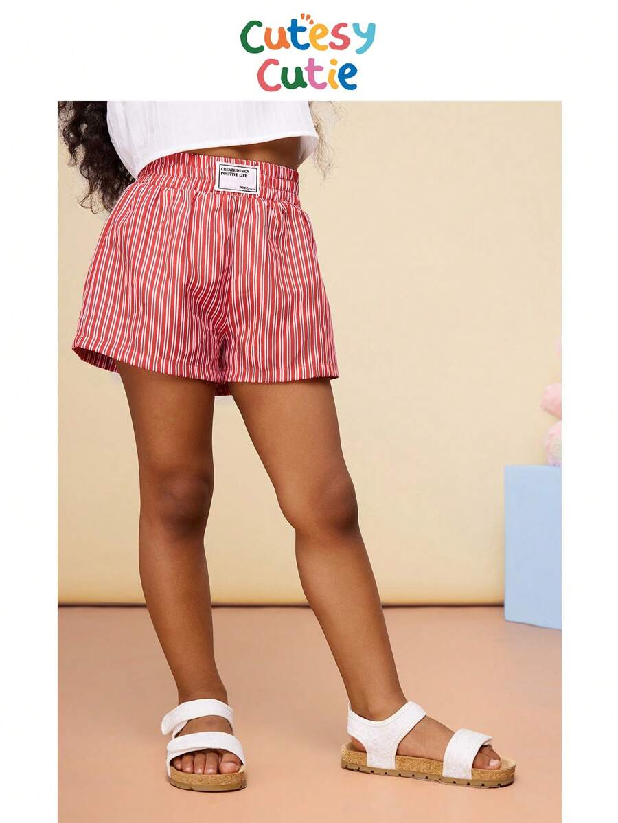 SHEIN CutesyCutie Young Girl Woven Solid Letter Print Elastic Waist Casual Shorts - Red - View 1