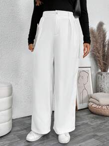 Juhart Plus Size Women Solid Color Pleated Loose Wide Leg Casual Pants Fall Cloth For Women