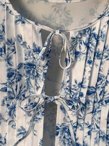 Breezaya Random Print Women's Pleated Hem Floral Pattern Shirt - Blue and White - View 6