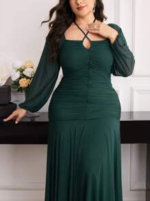 Modelyn Plus Size Women Solid Color Cross-Front Ruched Lantern Sleeve Fishtail Hem Elegant Dress - Dark Green - View 3