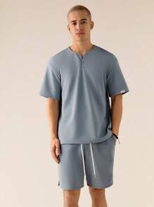 Manfinity VCAY 2pcs/Set Men's Knitwear Casual Everyday Loose Short Sleeve T-Shirt And Elastic Waist Straight Leg Shorts Set - Dusty Blue - View 3