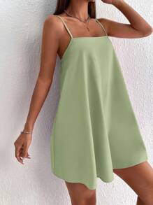 SHEIN PETITE 夏季休閒純色細肩帶迷你洋裝，波希米亞風，適合女性與小個女生的夏季洋裝 - 薄荷綠 - 查看 3