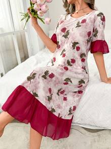 CottageSlumber V-Neck Chiffon Patchwork Ruffle Floral Print Women's Nightgown Babydoll Perfect Summer, Moo Moo - Multicolor - View 3