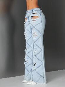 Flirla Women's Casual Extra Long Distressed Denim Jeans With Diamond Stitch Detail And Ripped Design - Blue - View 3
