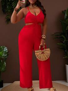 Slaydiva Plus Size Women Casual Vacation Solid Color Spaghetti Strap Hollow Out Jumpsuit - Red - View 9