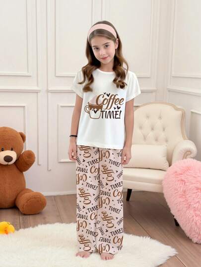 SHEIN Leap Crew Tween Girl Minimalist Letter Print Round Neck Short Sleeve Top And Pants Sleepwear Set, Loose Fit Flame Retardant Fabric Graduation Pajamas, 2pcs