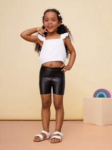 CutesyCutie  Young Girl Solid Color Knit PU Leather Form-Fitting Leggings,Spring And Summer Clothing - Black - View 7