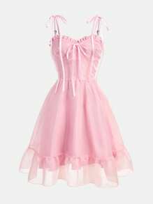 Vestido de 2 en 1 para adolescentes para la temporada de Eid/Boda, vestido corto lindo con decoración de lazo de encaje y tul sin mangas, con vestido largo con volantes desmontable, estilo elegante - Rosa - Ver 9