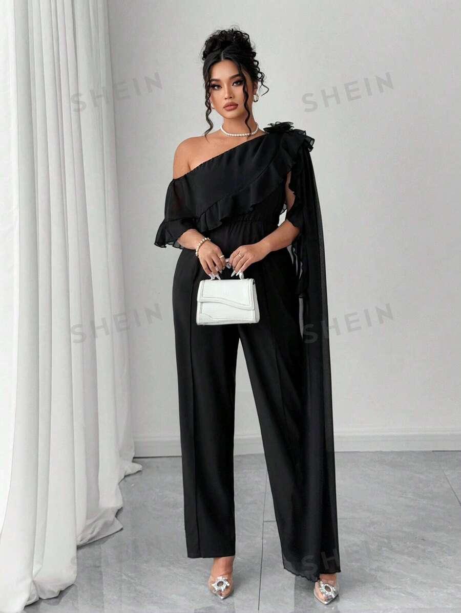 Elenzga Mono de verano elegante para mujer de gasa con hombros abiertos y diseño floral 3D