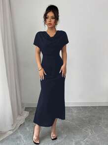 Rafferiza Solid Color Elegant Romantic Plunging Neck Backless Tie Waist Fishtail Dress For Women, Early Spring - Navy Blue - View 3