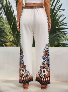 INAWLY Plus Size Women Floral Print Casual Pants For Holiday Fall Cloth For Women - White - View 4