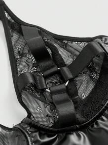 ROMWE Grunge Punk Mono negro sexy de PU con remaches y encaje punk - Negro - Ver 3