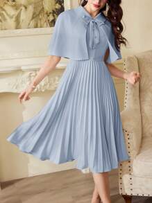 Vintamour Vintage Elegant Classic Women 2 Pieces Set Spring Summer Cape Shawl And Pleated Hem Dress Vacation Outfits Women Office Outfits For Women Festival Outfits For Women Vacation Two Pieces Set Two Pieces Summer Set 1960s Outfit Mother Day Outfit Mother Day Dress Summer Dress Summer Two Pieces Set Festival Outfits For Women Teacher Outfits For Women Modest - Baby Blue - View 3