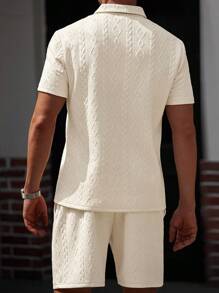 Manfinity Homme Men's Geometric Texture Short Sleeve Polo Shirt & Shorts Casual 2 Pieces Set, Cozy Outfits