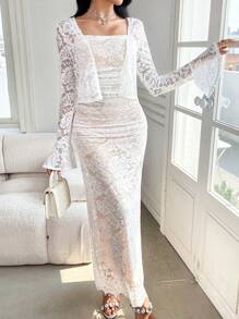 Modelyn 2pcs/Set Women Lace Long Sleeve Jacket & Cami Dress - White - View 3