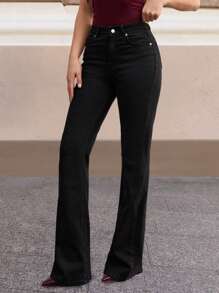 SHEIN Tall 98%Cotton HIGH RISE FLARED LONG BLACK JEAN TALL - Black - View 3
