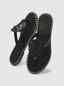 CUCCOO BIZCHIC Punk Style Women PU Leather Round Toe Hollowed-Out Rivet Decor Flat Gladiator Sandals - Black - View 8