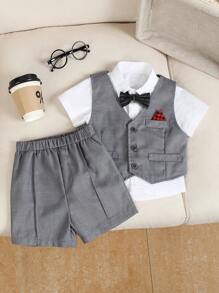 SHEIN 2pcs Baby Boy Vest Waistcoat & Loose Shorts Gentleman Outfit Set, Suitable For Special Occasions Like Weddings, Birthdays, And Daily Wear, Adorable And Stylish