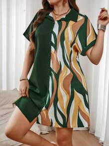 SHEIN LUNE Plus Size Solid Color Splicing Button Up Short Sleeve Casual Mini Dress Summer Spring Outfits For Women St Patrick Office Outfits For Women Business Casual Woman Dress Easter Vacation - Multicolor - View 1