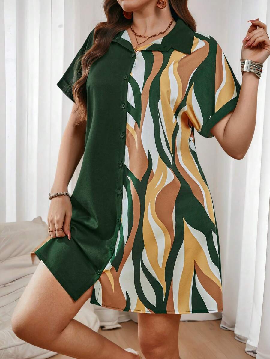 SHEIN LUNE Plus Size Solid Color Splicing Button Up Short Sleeve Casual Mini Dress Summer Spring Outfits For Women St Patrick Office Outfits For Women Business Casual Woman Dress Easter Vacation - Multicolor - View 1