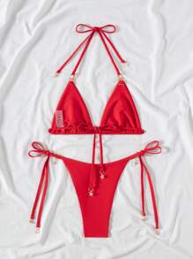 Swim Mod 2pcs Swimwear Set:Sexy Solid Color Halter Starfish Decor Bottom And Side Tie Bottom, For Summer Vacation - Red - View 3