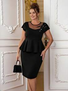 SHEIN Clasi 大码女式花卉装饰拼布波尔卡圆点网眼上衣和中长裙优雅两件套