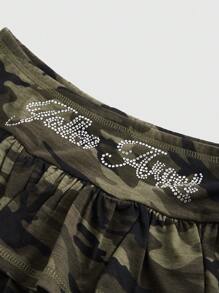 ROMWE Grunge Punk Rhinestone Embellished Camouflage Mini Skirt With Super Low Waist