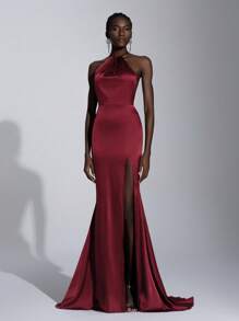 Elitara 优雅的勃艮第缎面挂脖鱼尾侧高开衩露背交叉系带深 V 领长裙，适合正式场合、派对、度假、礼服、晚会、婚礼宾客