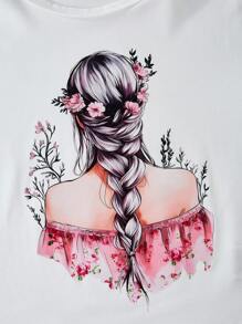 两件套少女休闲套装 - 圆领短袖长发女孩印花T恤和粉色玫瑰印花半身裙，夏季 - 粉色 - 查看 4