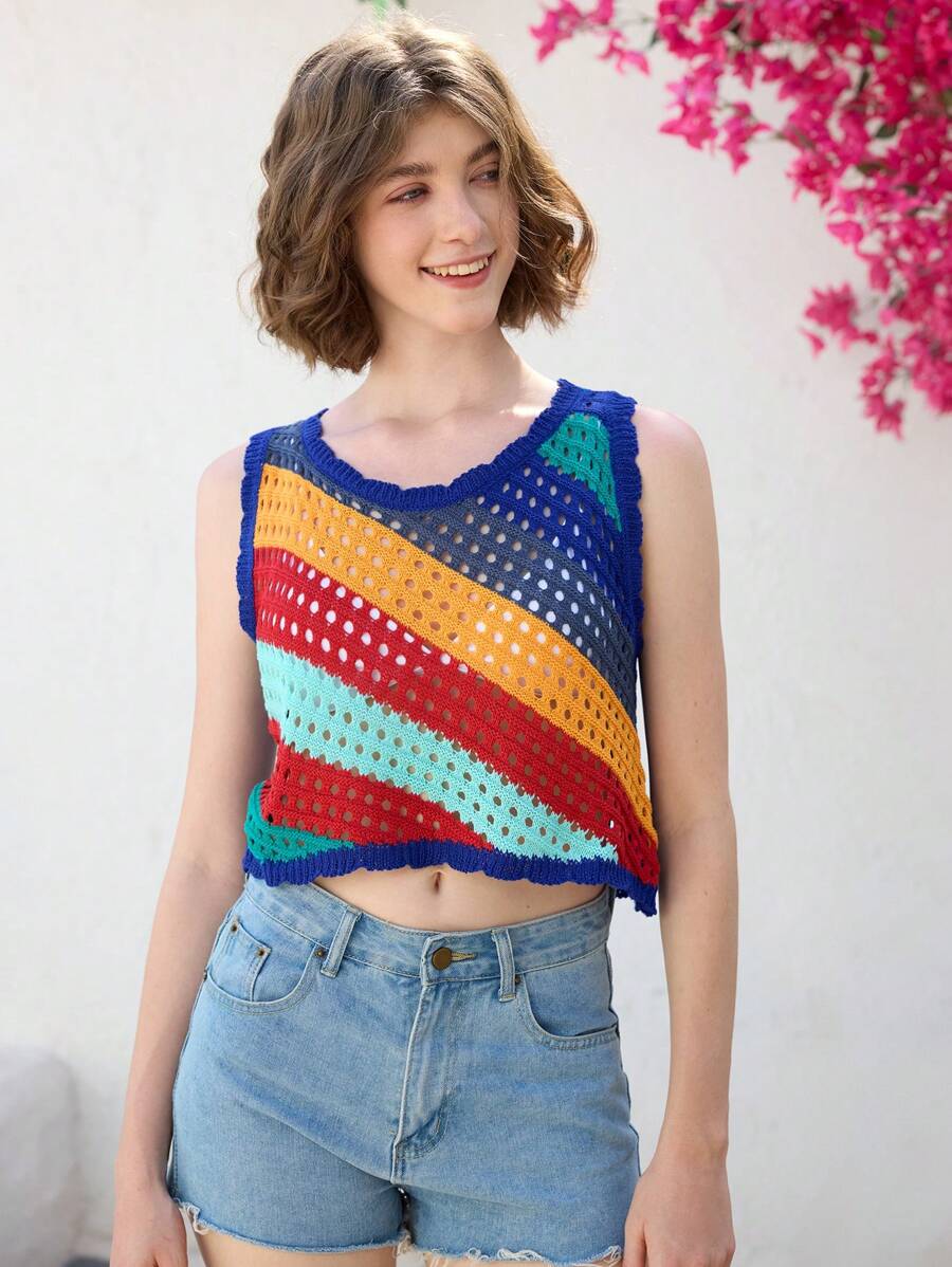 SHEIN Unity Women Sleeveless Color Block Hollow Out Knit Blouse - Multicolor - View 1