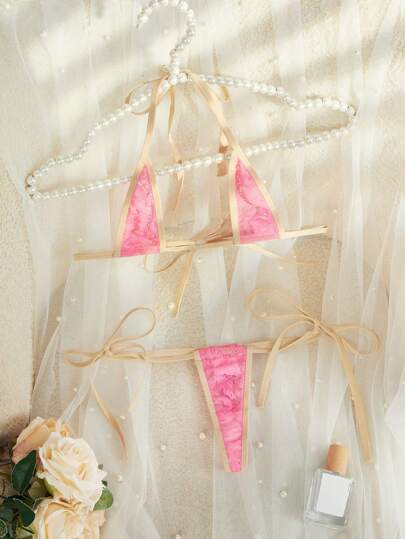 2 件套霓虹粉色蕾丝拼布透明性感内衣套装女士