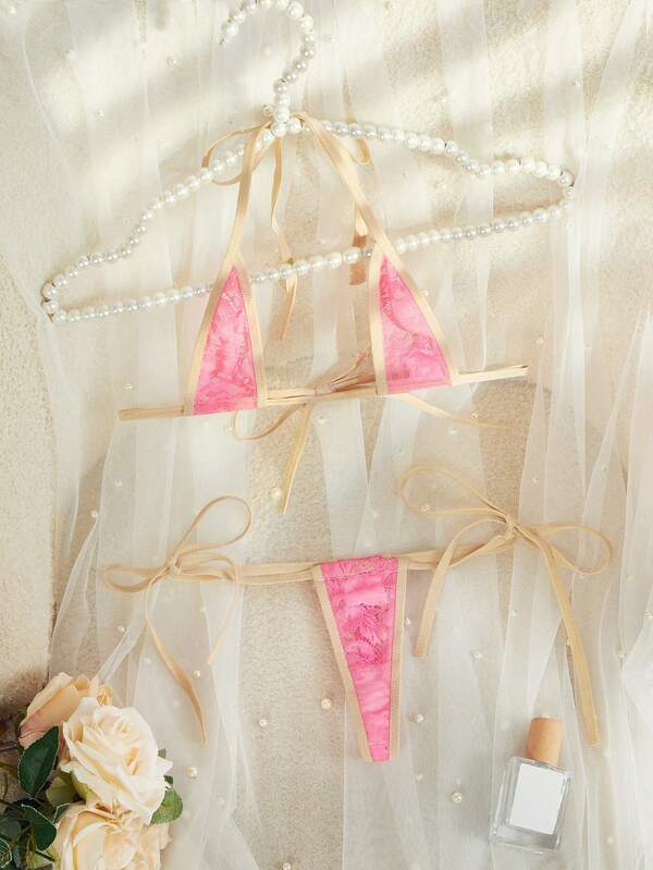 2 件套霓虹粉色蕾丝拼布透明性感内衣套装女士