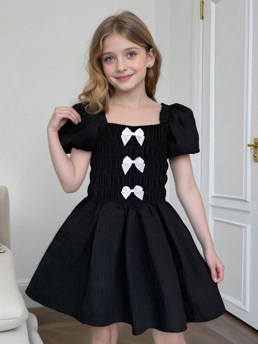 SHEIN Vestido de verano minimalista de unicolor y manga corta para niña joven