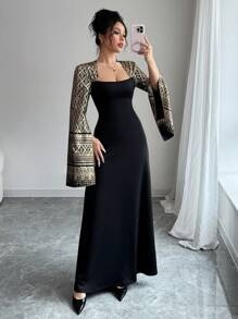 Chiquease Women Elegant Gold Foil Contrast Color A-Line Dress Fall Cloth For Women - Black - View 2