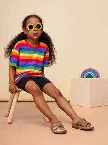 Set de 2 piezas CutesyCutie: Camiseta holgada de cuello redondo con rayas de arcoíris de punto y pantalones cortos de punto, para niñas jóvenes, conjunto de 2 piezas de accesorios para niñas jóvenes, conjunto de 2 piezas de parte superior para niñas jóvenes, conjuntos de ropa para niñas jóvenes de manga corta, ropa de primavera y verano