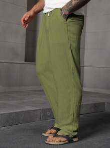 Manfinity RSRT 男式弹性腰部亚麻白色裤子 - 軍綠色 - 查看 3