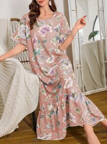 SHEIN Ruffled Hem Floral Print Long Nightgown - Multicolor - View 1