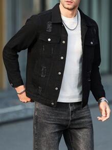 Manfinity LEGND Chaqueta de jean de manga larga con un solo pecho y bordes deshilachados para hombres de talla grande