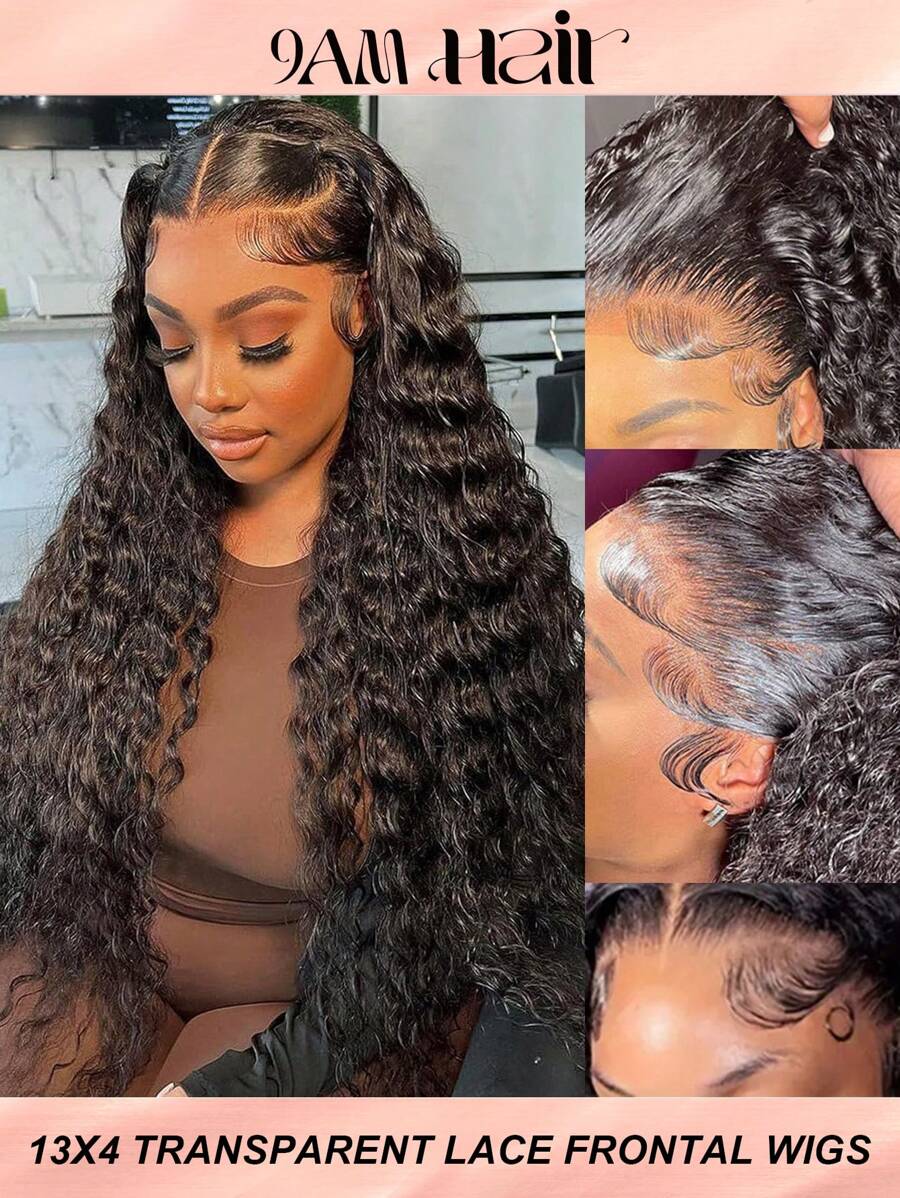 深波浪蕾丝前假发 人发 13x4 透明蕾丝前卷发假发 女士人发无胶假发 人发预拔婴儿头发 - Natural Black - 查看 1