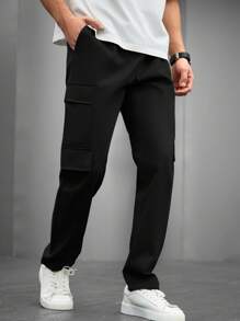 Manfinity Homme 男士字母印花工装口袋直筒休闲裤，秋季 - 黑色 - 查看 4
