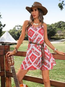 SHEIN LUNE Conjunto de ropa para concierto country, vestimenta estilo western para mujer, atuendo de vacaciones, vestido floral estampado rojo de mini corte en estilo boho para mujer, ropa de verano para mujer, atuendos de playa para mujer - Rojo - Ver 4