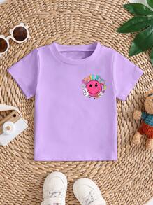 SHEIN Young Girl Casual Minimalist Pattern Round Neck Short Sleeve T-Shirt, Suitable For Summer - Purple - View 4