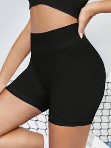 Easithlete High Waist Ribbed Sports Shorts Stretchy ShortsWomen Sweat Short, Gym Short, Biker Short - Black - View 4