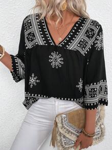EMERY ROSE Retro Pattern V-Neck Casual Vacation Linen-Blend Shirt - Multicolor - View 4