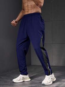 Manfinity Running Men's Contrast Color Elastic Waist Casual Fitness Sweatpants - Navy Blue - View 3