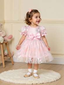 Souflis Souflis 女婴春季粉色奢华可爱风格蓬松薄纱面料圆领可开腰蝴蝶结装饰喇叭裙连衣裙，适合派对和聚会 - 粉色 - 查看 3